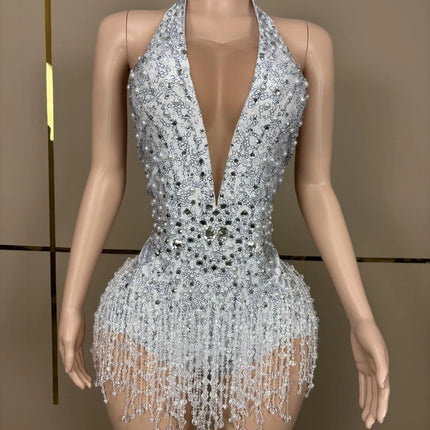 Crystal Rhinestone Fringe Sleeveless Bodysuit & Aerial Dance Leotard Costume