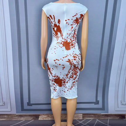 Blood Splatter Rhinestone Ruched Midi Dress Sleeveless Halloween Stage Costume