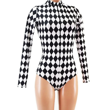 Harlequin Check Long Sleeve Cutout Bodysuit Sexy Circus Clown Stage Dance Bodysuit