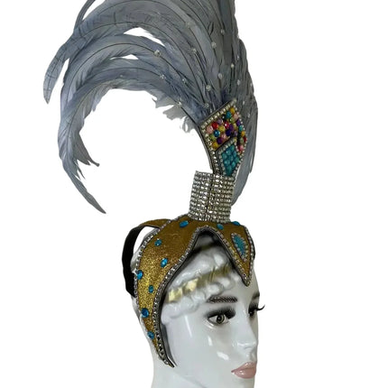 The Stardust Dionysia – Silver & Charcoal Feather Carnival & Masque Ball Headdress