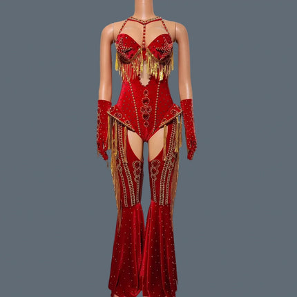 The Stardust Showstopper 4-Piece Rhinestone Ensemble – Luxury Stage Bodysuit & Jumpsuit Set