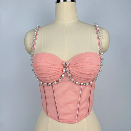 Pearl & Rhinestone Embroidered Bustier Corset Crop Top High Street Bralette