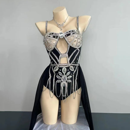 Sparkly Rhinestones Chains Bodysuit with Gauze Trailing Women Nightclub Bar Stage Performance Costume Music Festival Rave Outfit