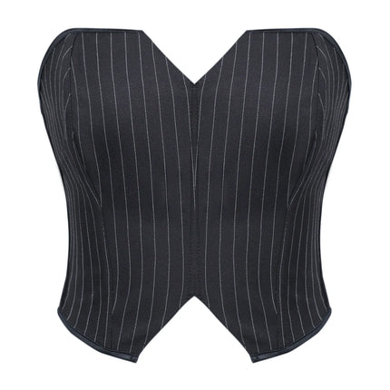 Black Striped Overbust Corset Top Zipper Front Lace-Up Bustier Body Shaper