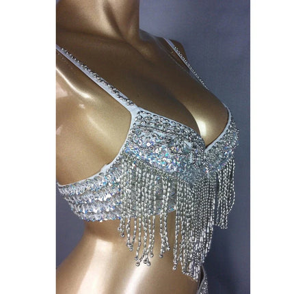 The Stardust Cabaret 2-Piece Ensemble – Luxury Sequin Fringe Bra & Belt Set