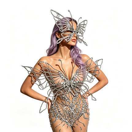 Silver Crystal Mesh 3D Butterfly Rhinestone Wings Jumpsuit