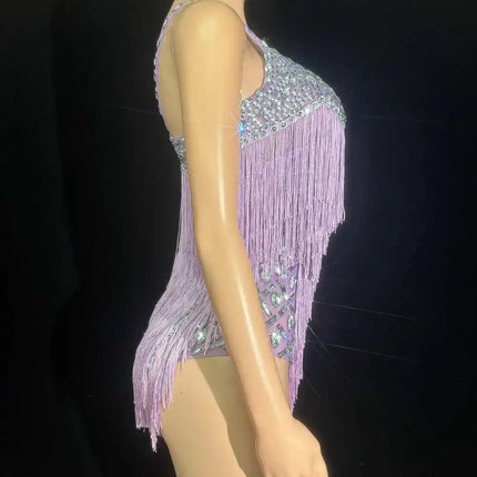 Sparkly Rhinestone & Tassel V-Neck Bodysuit Stage Performance Costume