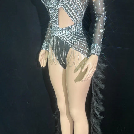 Sparkly Rhinestone & Feather Long Tail Bodysuit Set Stage Costume