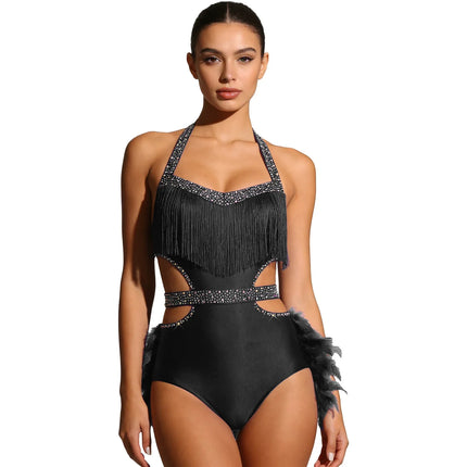 Glittery Rhinestone & Faux Feather Latin Dance Leotard Halter Bodysuit