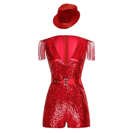 Sequin Tassel Romper, Adjustable Belt & Matching Hat Stage Dance Costume Set