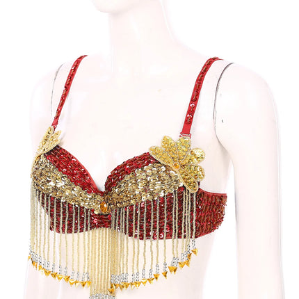 Sparkly Floral Beaded Sequin Belly Dance Bra & Tassel Performance Top