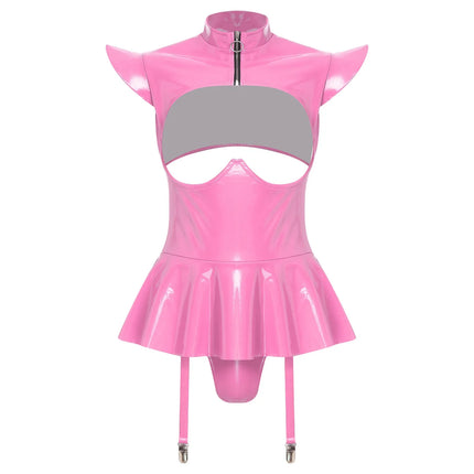 Glossy Wet-Look Halter Romper Bodysuit with Flared Skirt Hem & Integrated Garters