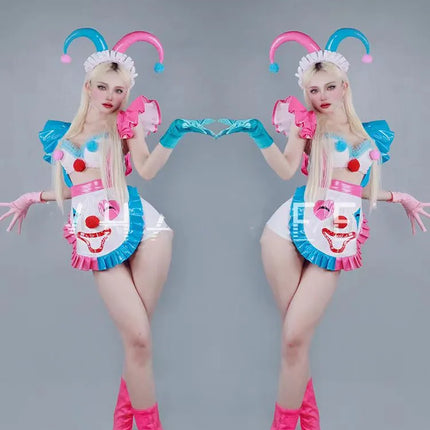 Halloween Clown Cosplay Costume Women Bar Role Playing Stage Performance Clothes Pink Blue Tops Shorts Dance Outfit