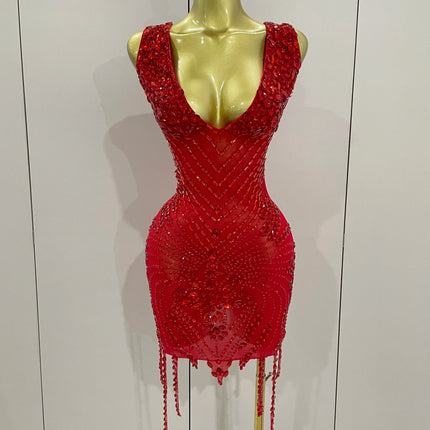 Vintage-Inspired Sparkly Rhinestone Mesh V-Neck Party Dress