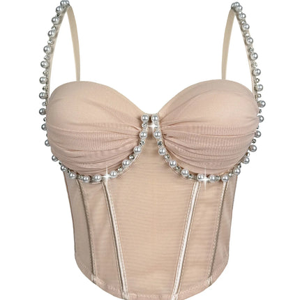 Pearl & Rhinestone Embroidered Bustier Corset Crop Top High Street Bralette