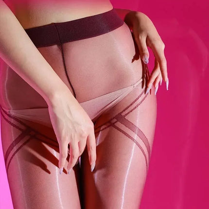Striped Oil Glossy Sheer High-Waist Shaping Pantyhose Shiny Dance Tights