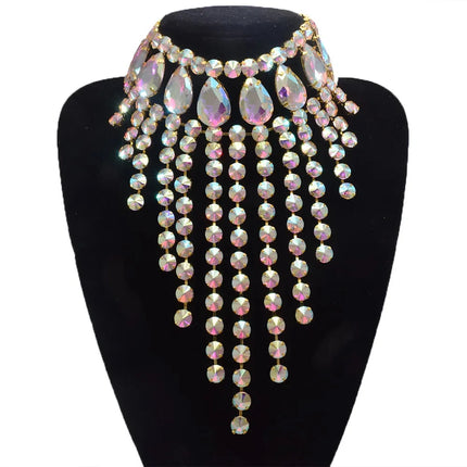Rhinestone Glass Crystal & AB Drop Tassel Choker Necklace