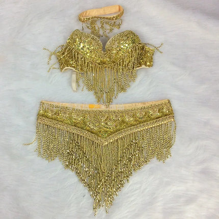 The Stardust Cabaret 2-Piece Ensemble – Luxury Sequin Fringe Bra & Belt Set