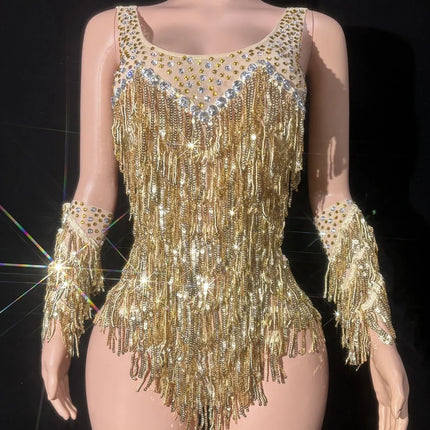 Gold Sparkly Rhinestone, Sequin & Tassel Bodysuit Stage Performance Costume