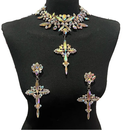 Rhinestone Cross Pendant Earring & Necklace Set