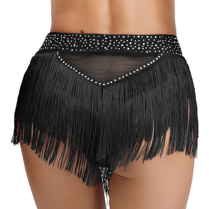 Rhinestone Tassel High-Waist Dance Shorts & Sheer Mesh Fringe Skirt
