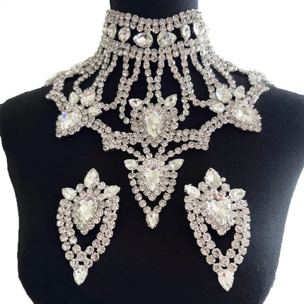 Oversized Glass Gemstone Choker Necklace & Earrings Drag Queen Stage Jewelry Set