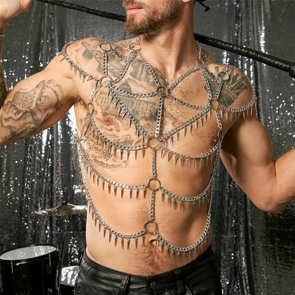 Fashionable Multi-Layer Fringe Men's Body Chain Metal Hanging Neck Iron Ring Vest Sexy Cutout Design Top