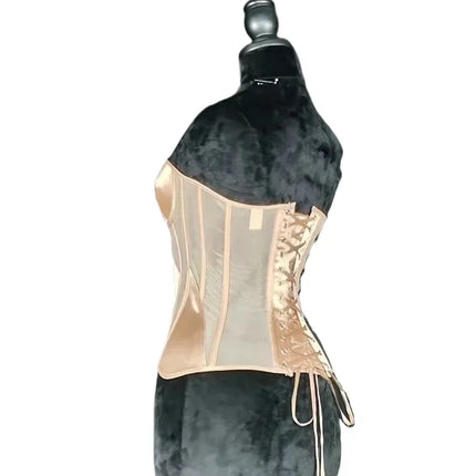 Strapless Breathable Mesh Corset Bustier Built-In Bra Boned Waist Cincher Top