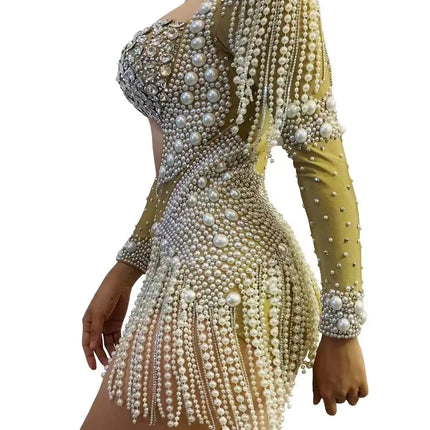 The Stardust Diamond Cutout Bodysuit – Luxury Rhinestone & Pearl Fringe Showgirl Costume