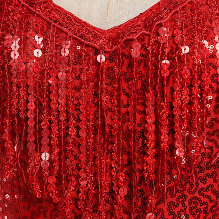 Sequins Fringed Cross Back Latin Dance Leotard Sleeveless V-Neck Bodysuit