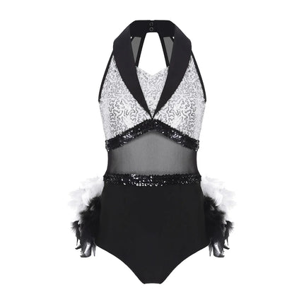 Women's Shiny Sequin Sheer Mesh Feather Latin Jazz Dance Bodysuit