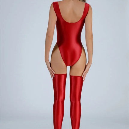 Backless High-Cut Oil Glossy Sheer Bodysuit & Matching Stockings Set