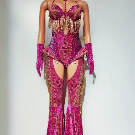 Rhinestone Tassel Hollow-Out Jumpsuit & Stage Performance Dance Romper