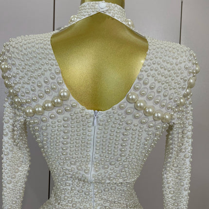 Luxury Full Pearl Long-Sleeved Stage Bodysuit Leotard Evening Performance Costume