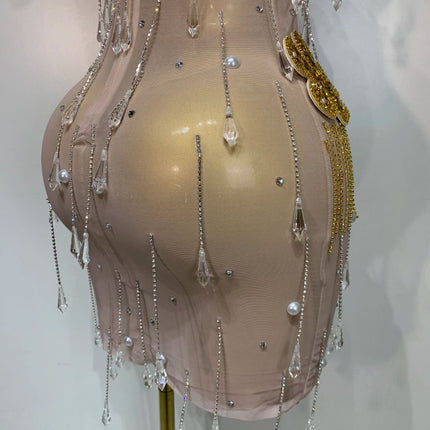 Colorful Rhinestone Pearl Sheer Dress & Two-Piece Mini Skirt Set Celebration Outfit