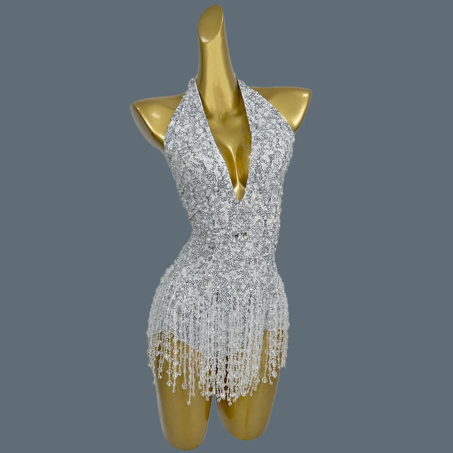 Sparkly Pearl & Crystal Tassel Deep V-Neck Backless White Stage Bodysuit Leotard