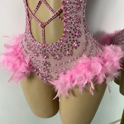The Stardust Follies Feather Bodysuit – Luxury Rhinestone & Mesh Showgirl Costume