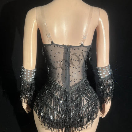 Sparkly Black Sequin & Rhinestone Tassel Bodysuit with Gloves Stage Costume