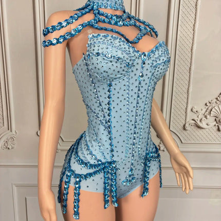 Sparkly Rhinestone Tassel Spandex Bodysuit Halter Dance Stage Costume Leotard