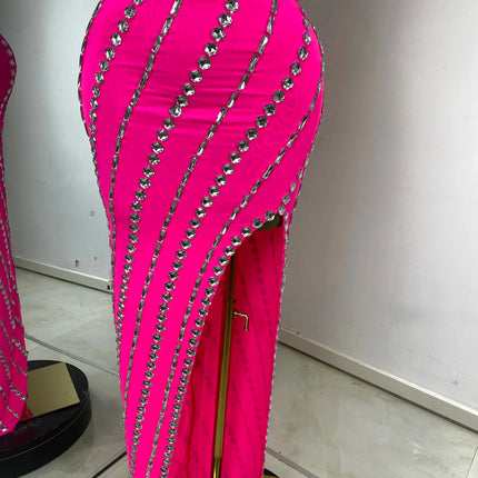 Hot Pink Rhinestone & Tulle Inset Open-Leg Maxi Evening Gown