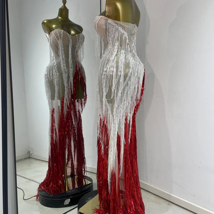 Pearl & Crystal Bustier High-Slit Maxi Gown Cascading Ombré Fringe Evening Dress