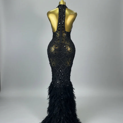 Luxury Rhinestone Crystal Turtleneck Gala Gown & Feather Hem Evening Maxi Dress