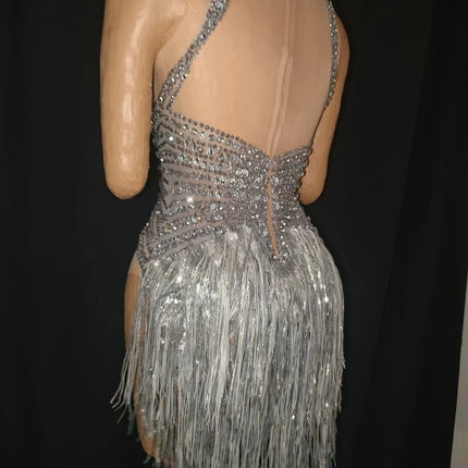 The Stardust Lumina Illusion – Silver Rhinestone & Tassel Performance Bodysuit