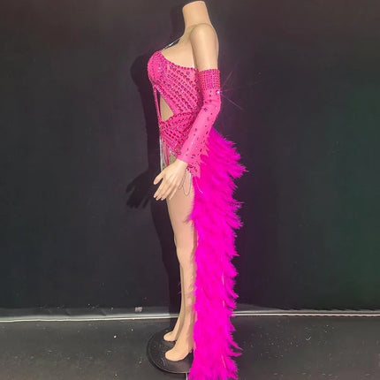 The Stardust Showgirl Finale – Rhinestone Bodysuit & Feather Train Costume