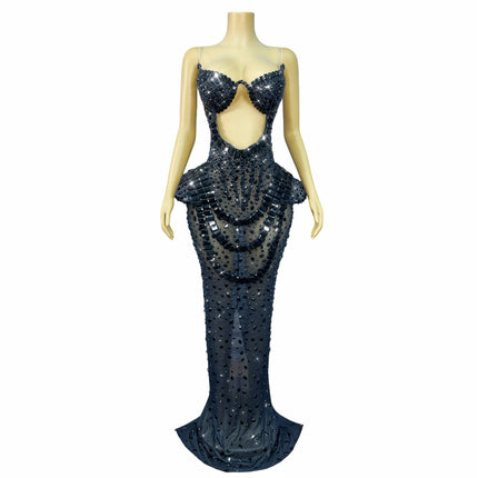 Vintage-Inspired Heavy Rhinestone Mesh Evening Prom Dress