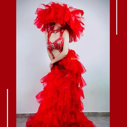 Hollow-Out Rhinestone Bodysuit & Feathered Layered Skirt Carnival Costume Set