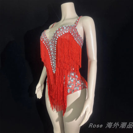 Custom Fringe Rhinestone Bodysuit & Stage Performance Dance Costume