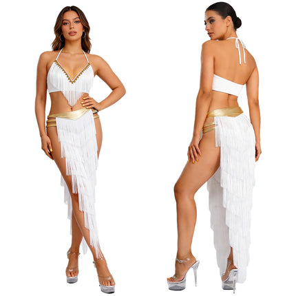 Gold Trim Halter Lace-Up Crop Top & Tiered Tassel Skirt Belly Dance Outfit