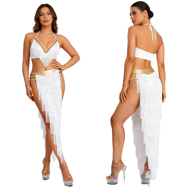 Gold Trim Halter Lace-Up Crop Top & Tiered Tassel Skirt Belly Dance Outfit