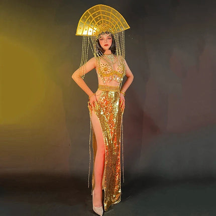 Egyptian Dance Queen Gold Rhinestone Bikini & Sequins Skirt Stage Performance Costume Set